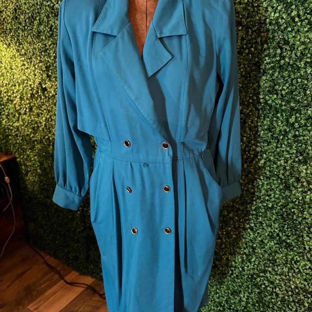 Vintage Petites Teal Blazer Dress Size 8P Double Breasted Power Dress 80s